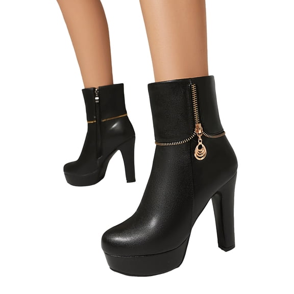 Womens Leather Platform Ankle Black Boots Chunky High Heel Side Zipper Casual Ankle Booties Slip On Leather Dress Fall Boots Size 5