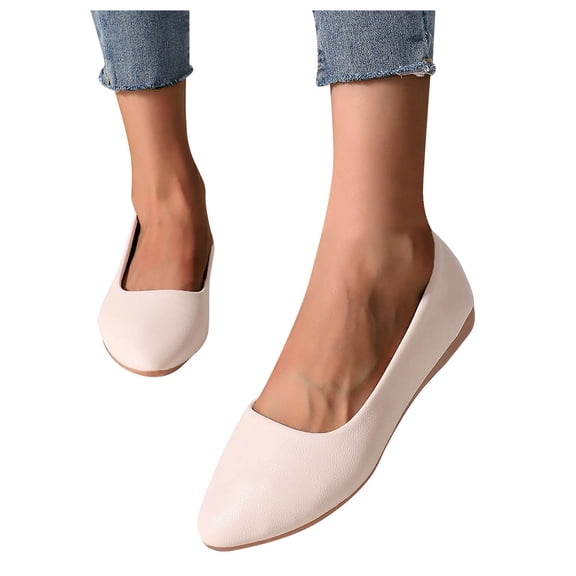 Womens Leather Pointed Toe Ballet Flats Shoes Low Wedges Slip On Loafers Comfortable Non Slip Dressy Shoes Beige Size 8