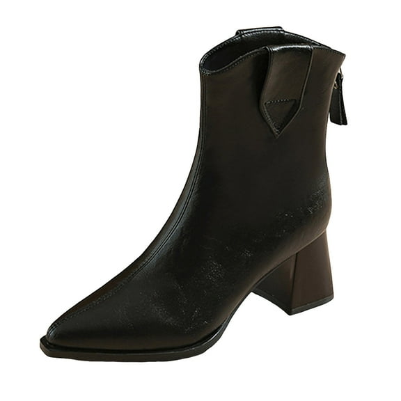 Womens Leather Pointed Toe Mid Calf Boots Slip On Block Heel Riding Booties Fall Winter Fashion Western Cowboy Boots Black Size 8.5