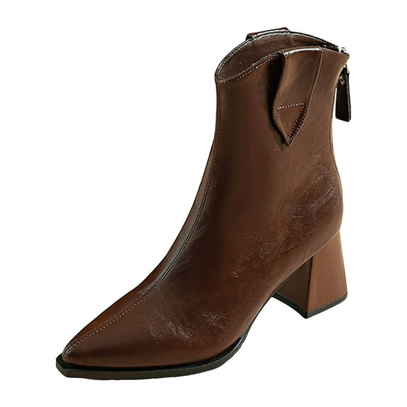 Womens Leather Pointed Toe Mid Calf Boots Slip On Block Heel Riding Booties Fall Winter Fashion Western Cowboy Boots Red Size 5.5