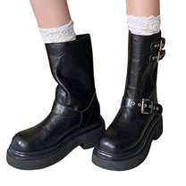 Womens Leather Riding Boots Trendy Buckle Strap Punk Platform Motorcycle Booties Round Toe Slip on Fold Over Mid Calf Boots