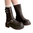 thumbnail image 1 of Womens Leather Riding Boots Trendy Buckle Strap Punk Platform Motorcycle Booties Round Toe Slip on Fold Over Mid Calf Boots, 1 of 8