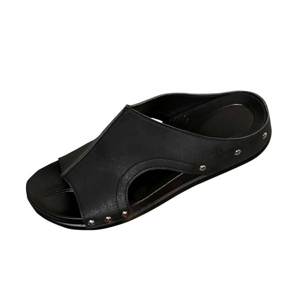 Womens Leather Sandals with Arch Support Summer Slip On Orthopedic Wedge Sandals Wide Width Open Toe Beach Slippers Black Women Sandal