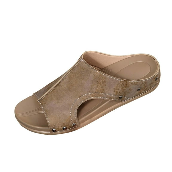 Womens Leather Sandals with Arch Support Summer Slip On Orthopedic Wedge Sandals Wide Width Open Toe Beach Slippers Khaki Women Sandal