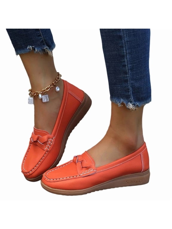 Womens Leather Slip On Penny Loafers Flat Driving Moccasins Soft Flexible Lightweight Breathable Comfortable Rounded Toe Office Work Business Casual Daily Walking Shopping Travel,Orange 8.5