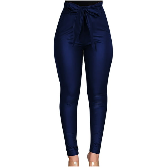 Womens Leather Work Pants Paperbag Waist Stretchy Skinny Trousers Straight Leg Slim Butt Lifting Pants with Tie Belt