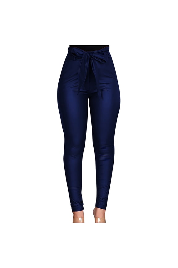 Womens Leather Work Pants Paperbag Waist Stretchy Skinny Trousers Straight Leg Slim Butt Lifting Pants with Tie Belt