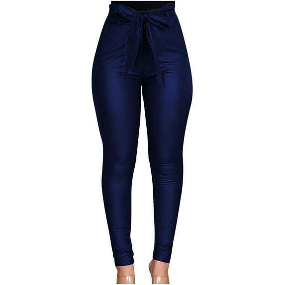 Womens Leather Work Pants Paperbag Waist Stretchy Skinny Trousers Straight Leg Slim Butt Lifting Pants with Tie Belt