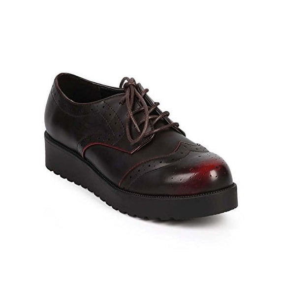 Womens Leatherette Round Toe Wing Tip Rockabilly Brogue Creeper (A - Oxblood, 7 B(M) US)
