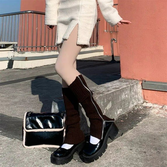 Womens Leg Warmers Gothic Punk Ribbed Knitted Leg Warmers Side Zipper Up Solid Color Boot Socks Student Knee High Foot Cover Winter Sock Leg Warmers for Men Neon Leg Warmers for Girls 80s Leg Warmers