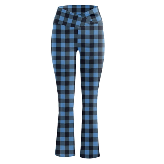 Womens Leggings Casual Yoga Pants Plaid Blue L