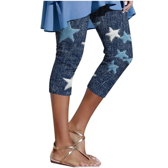 Womens Leggings High Waisted,Women's Faux Denim Capri Leggings High Waisted Yoga Pants Pull On Stretch Print Capris Casual Comfy Tights Skinny Jeggings