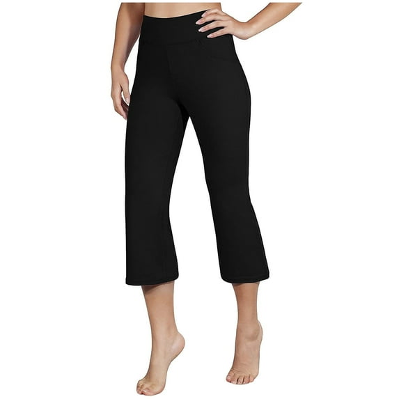 Womens Leggings Pure Color High Waist Pocket Sports Fitness Wide Leg Capris Black Pants Sizes XL