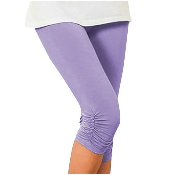 Womens Leggings Sale, Stretchy Knee Length Ruched Side Hiking Yoga Capri Pants Slim Fitted Elastic Waist Cropped Leggings Solid Color Ladies Workout Fitness Cropped Trousers