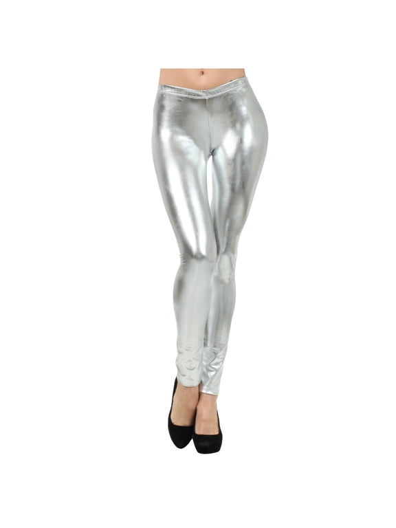 Womens Leggings Shiny Leather Liquid High Waist Compression Leggings for Women Silver 2XL