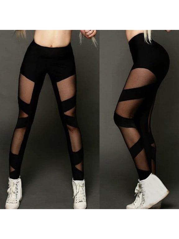 Womens Leggings Solid Black Yarn Patchwork Striped High Waist Tunic Sexy Skinny Stretch Sport Yoga Pants Black M