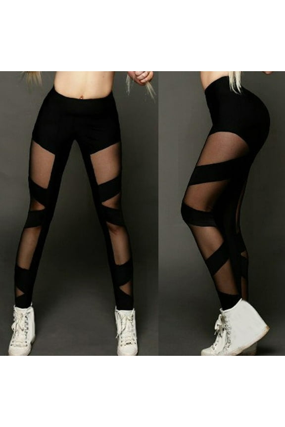 Womens Leggings Solid Black Yarn Patchwork Striped High Waist Tunic Sexy Skinny Stretch Sport Yoga Pants Black M