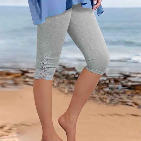 Womens Leggings Tummy Control Floral Lace Capris High Waisted Slim Stretchy Versatile Spring Autumn Cropped Capris Pants (Grey XXXL)