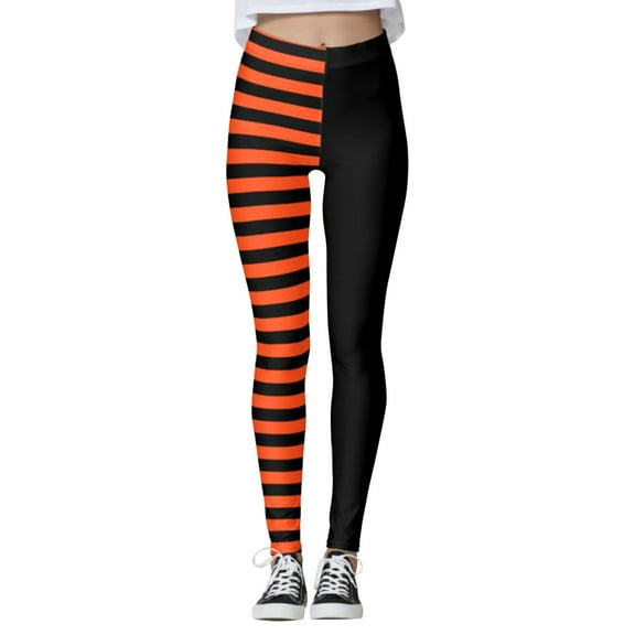 Womens Leggings Tummy Control Stretch Black And Orange Halloween Stripe Print Sports High Womens Yoga Pants,Black,L