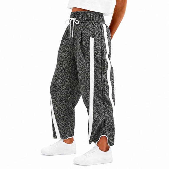 Womens Leopard Baggy Wide Leg Track Pants Elastic Waist Y2K Sweatpants