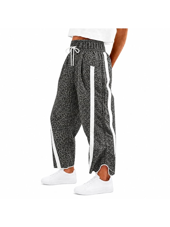 Womens Leopard Baggy Wide Leg Track Pants Elastic Waist Y2K Sweatpants