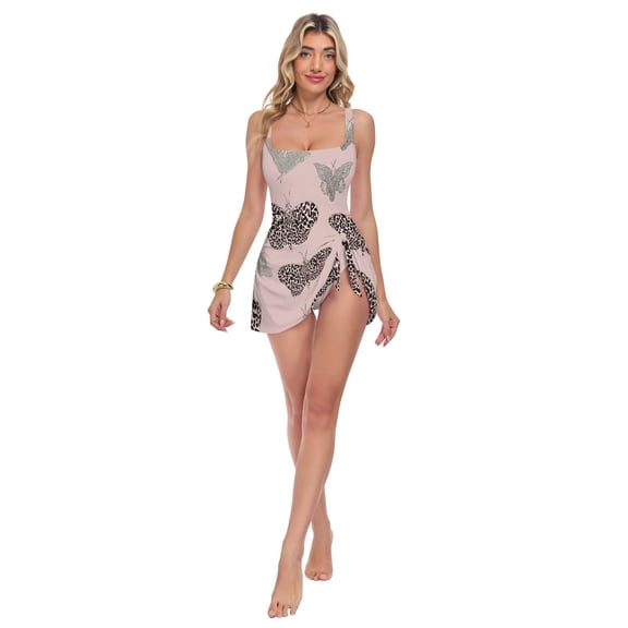 Womens Leopard Butterfly Pattern Print 2-in-1 Swim Dress Detachable Skirt One-Piece Swimsuit Square Neck S-XXL
