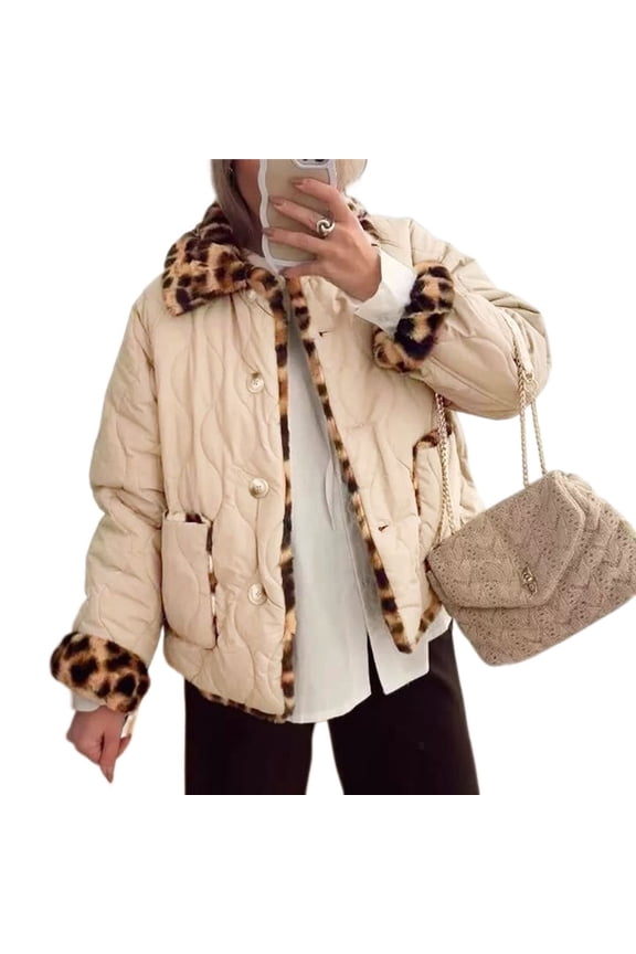 Womens Leopard Fleece Lined Quilted Jacket Reversible Lapel Long Sleeve Warm Padded Coats with Pockets L