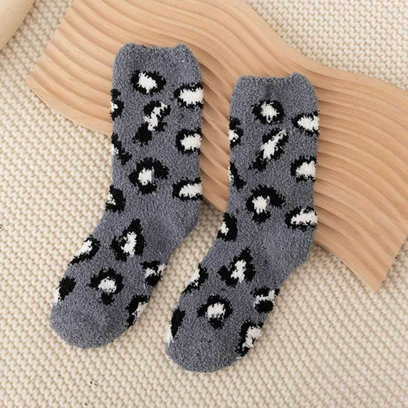Womens Leopard Fuzzy Socks Soft Cozy Fluffy Slipper Winter Thick Warm Plush Sleeping Christmas Socks Grey
