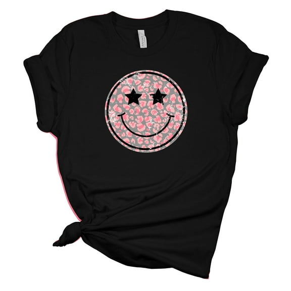 Womens Leopard Happy Face Smile Unisex Fit Short Sleeve T-shirt Graphic Tee-Black-xxxl