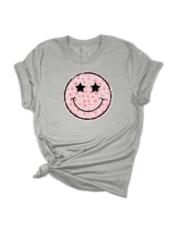 Womens Leopard Happy Face Smile Unisex Fit Short Sleeve T-shirt Graphic Tee-Sports Grey-large