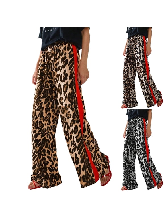 Womens Leopard Pants, Women's Leopard Wide Leg Pants Casual Side Striped High Waisted Trousers with Pockets, Leopard Track Pants-Brown/S