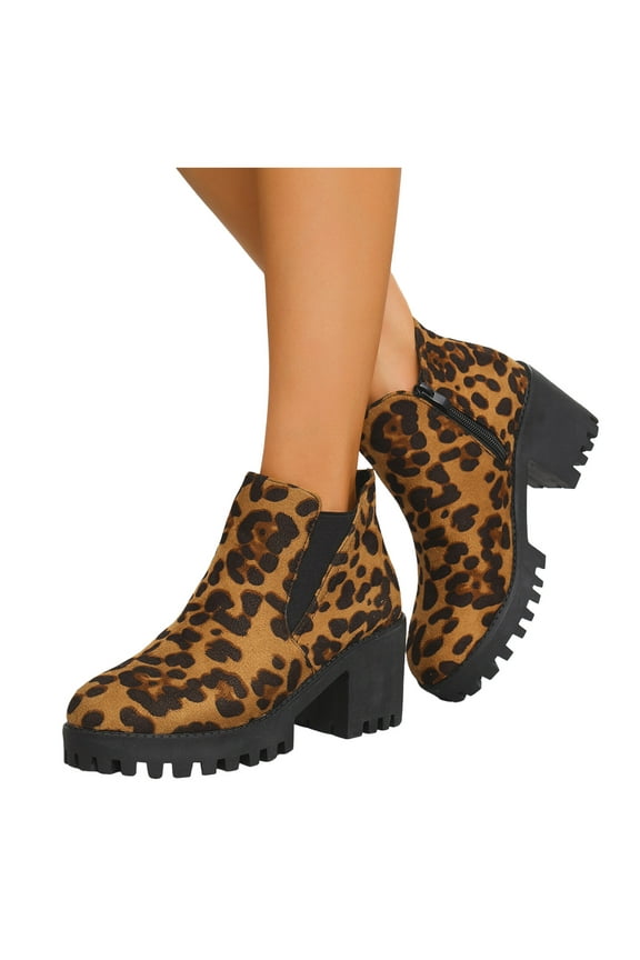 Womens Leopard Platform Boots Fashion Winter Fall Casual Suede Chunky High Heel Slip on Dress Ankle Booties