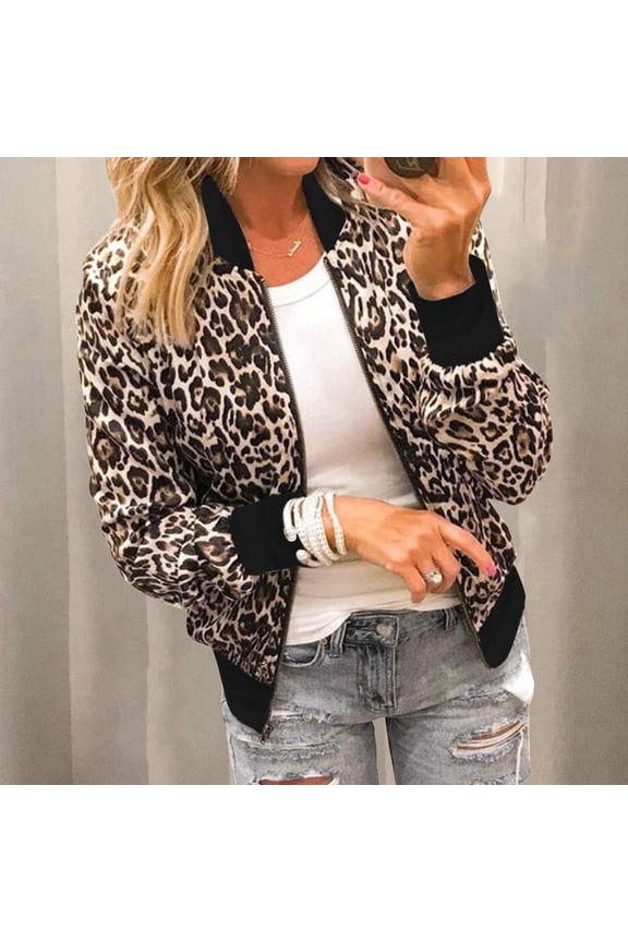 Womens Leopard Print Bomber Jacket Long Sleeve Zip Front Casual Coat with Ribbed Lightweight Animal Print Outerwear