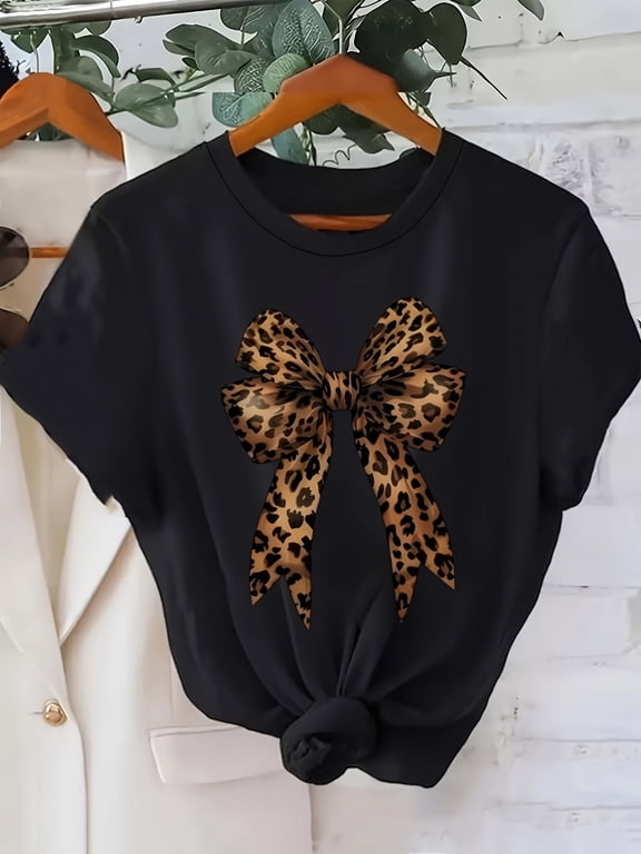 Womens Leopard Print Bow Graphic T‑Shirt,Basic Crew Neck Short Sleeve Casual Fashion Daily Wear Tee Women T shirts