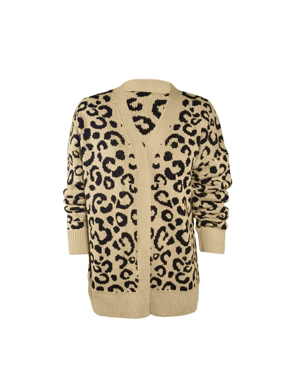 Womens Leopard Print Cardigan Long Sleeve V Neck Open Front Knit Sweater Coat Loose Fit Longline Layering Outerwear for Fall and Spring