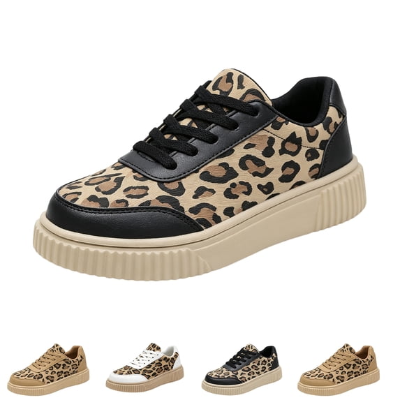 Womens Leopard Print Casual Flat Shoes Low Top Lace Up Sneaker Everyday Walking Footwear