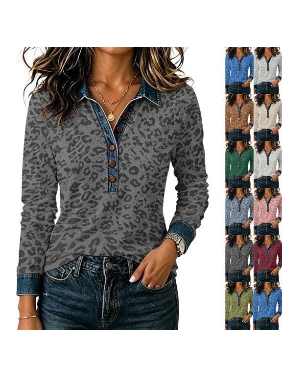 Womens Leopard Print Denim Collar Henley Top, Long Sleeve Loose Fit Casual Blouse Stretchy Breathable for Work Weekend Spring Fall,L,Dark Gray