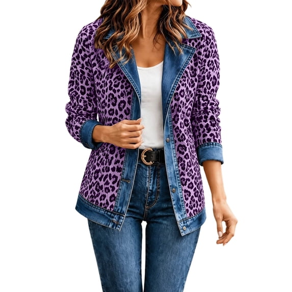 Womens Leopard Print Denim Jacket Long Sleeve Button Down Loose Fit Autumn Coat Purple L
