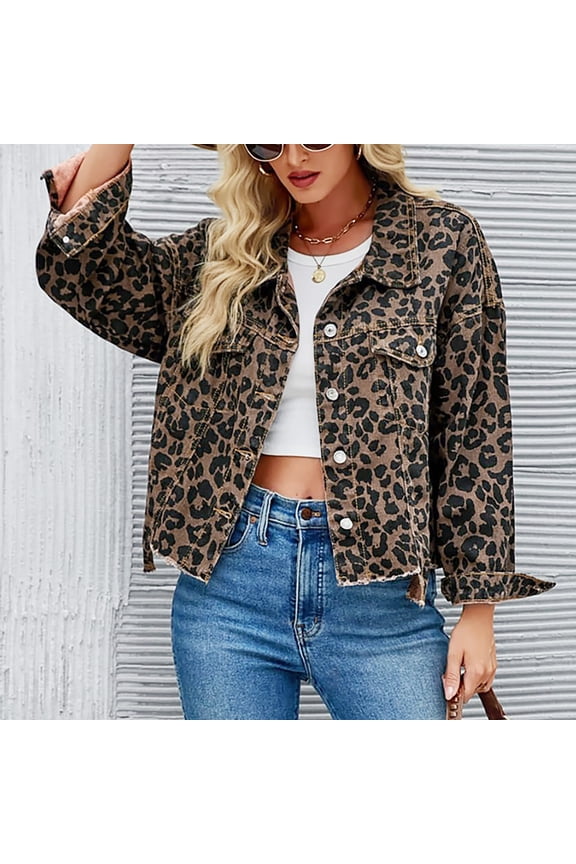Womens Leopard Print Denim Jacket Long Sleeve Button Front Cropped Jean Coat Casual Fall Outerwear with Animal Pattern