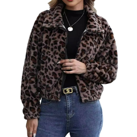 Womens Leopard Print Fleece Coat, Fashion Jacket Faux Fur Cardigan Overcoat Leopard Print L