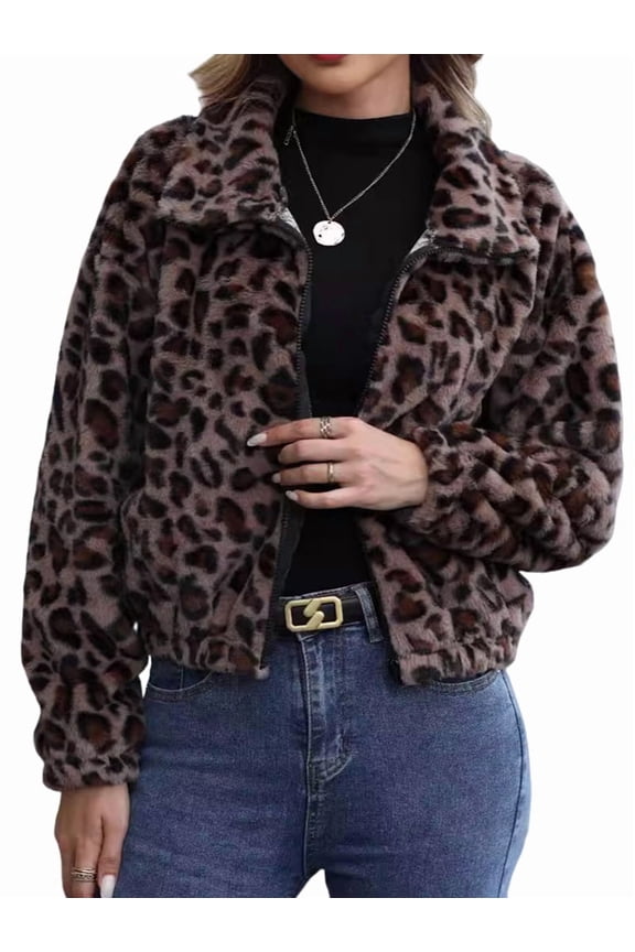 Womens Leopard Print Fleece Coat, Fashion Jacket Faux Fur Cardigan Overcoat Leopard Print L