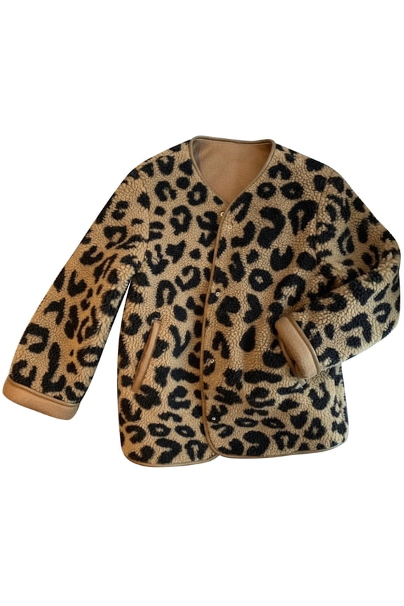 Womens Leopard Print Fleece Coat, Fashion Jacket Faux Fur Cardigan Overcoat XXL