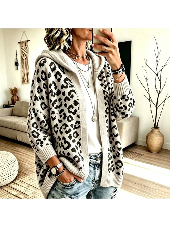 Womens Leopard Print Hooded Cardigan Open Front Button Knit Sweater Coat Loose Drop Shoulder Long Sleeve Casual Outerwear