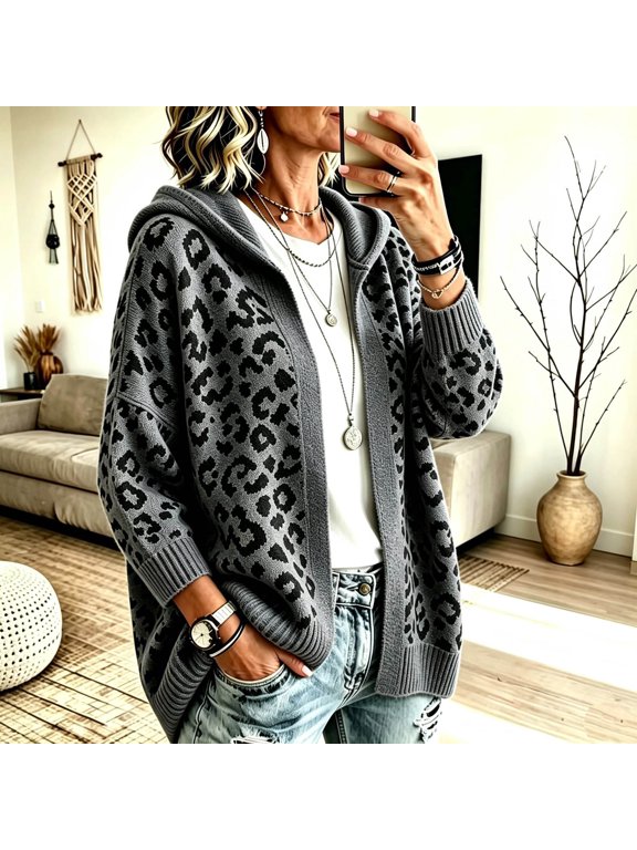 Womens Leopard Print Hooded Cardigan Open Front Button Knit Sweater Coat Loose Drop Shoulder Long Sleeve Casual Outerwear