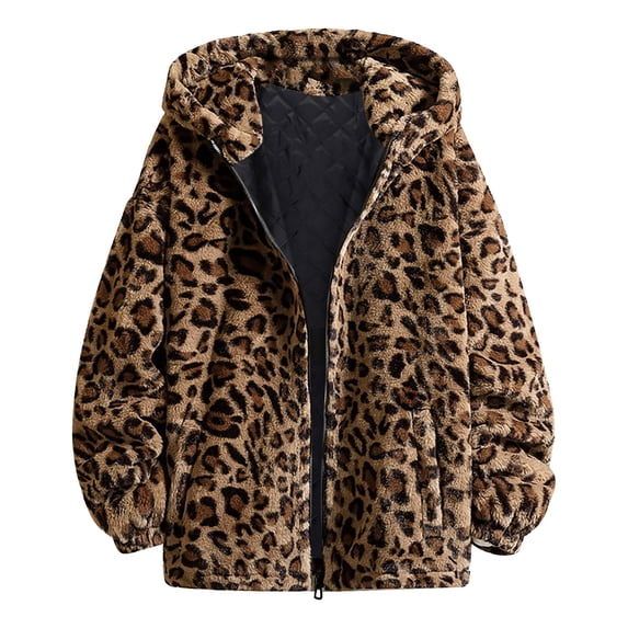 Womens Leopard Print Hooded Puffer Coat Loose Fit Zip Front Winter Jacket with Soft Lining Warm Casual Outerwear