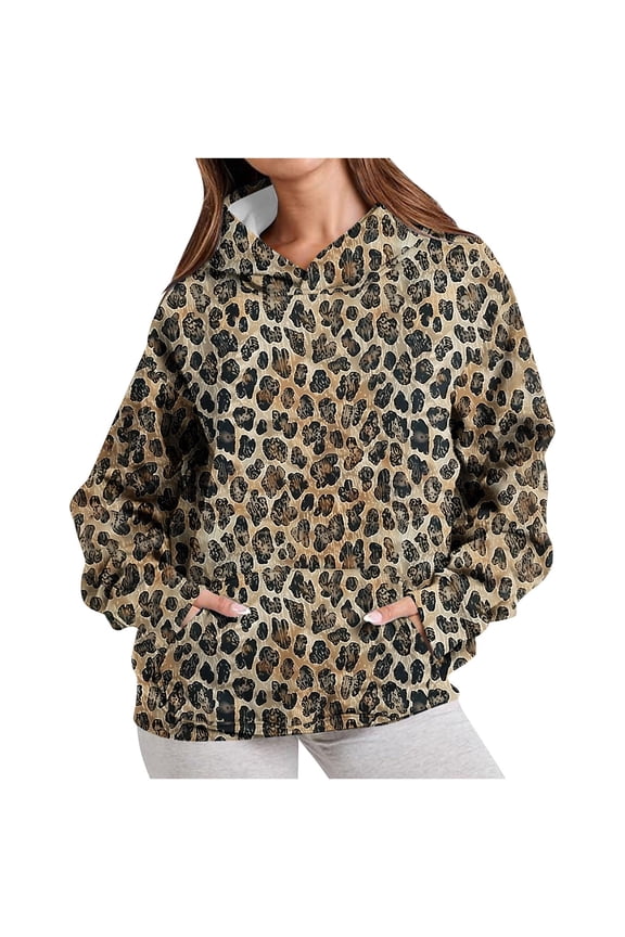 Womens Leopard Print Hoodie Long Sleeve Pullover with Pocket Cute Oversized Fleece Sweatshirt Maple Leaf Camo