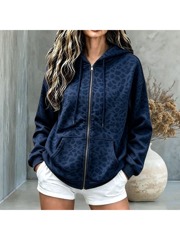 Womens Leopard Print Hoodie Zip Front Long Sleeve Sweatshirts Cheetah Print Drawstring Hood Split Pockets Jacket Navy S