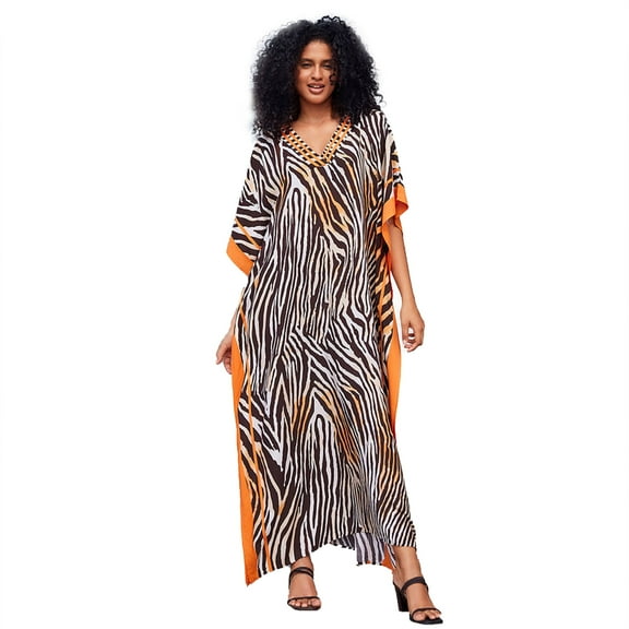 Womens Leopard Print Kaftan Dress V Neck Batwing Sleeve Loose Maxi Long Boho Caftan for Beach Vacation Party