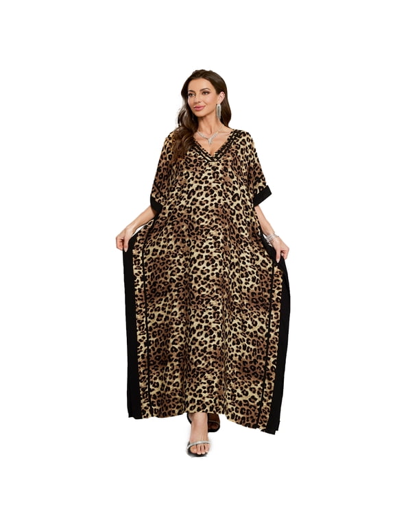 Womens Leopard Print Kaftan Dress V Neck Batwing Sleeve Loose Maxi Long Boho Caftan for Beach Vacation Party