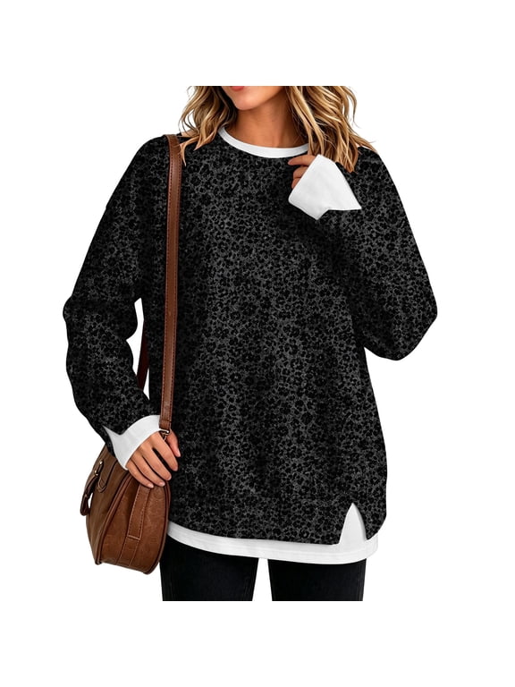 Womens Leopard Print Layered Long Sleeve Pullover, Casual Faux Two-Piece Crewneck Patterned Blouse Autumn Apparel, Black, XL